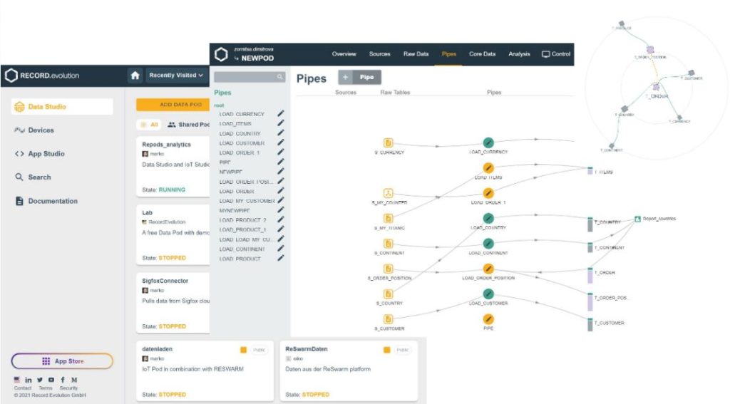 screenshot of the data science platform with data pods and pipes