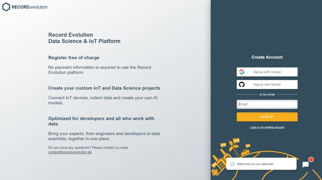screenshot of the Record Evolution platform signup form